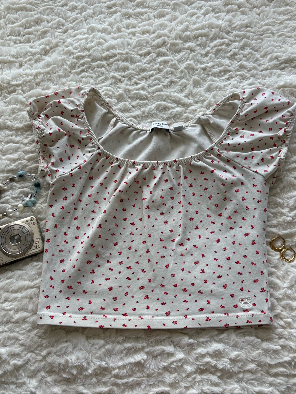 Aritzia Cream Crop Top with Red Micro Floral Print